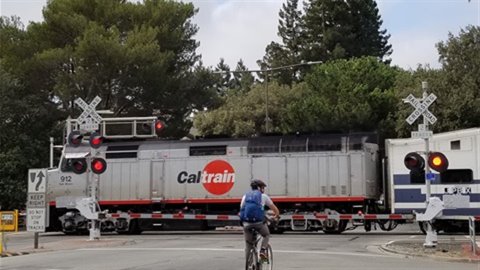 Picture of bicycle waiting at train track while train passes