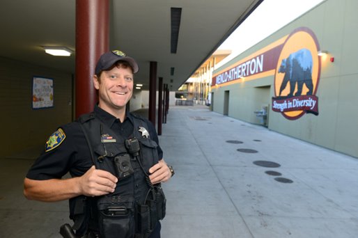 Officer Andruha on campus at Menlo Atherton High School
