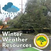 Image of tree blocking roadway with text that reads winter weather resources. 