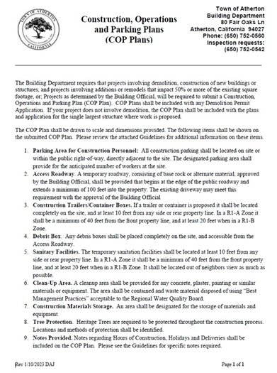 screen shot of construction, operations, and parking plans document