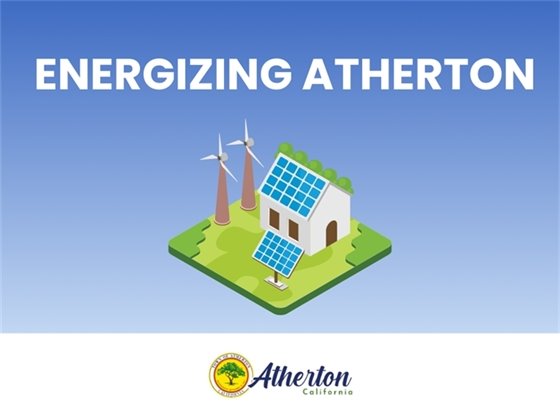 Digital drawing of a house with solar panels next to wind turbines. Graphic reads "Energizing Atherton"