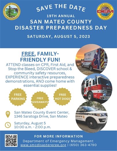 SMC disaster preparedness day flyer featuring photos of fire dept staff and families