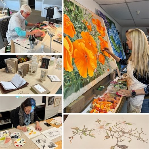A collage of community members taking art classes with the Atherton Arts Foundation