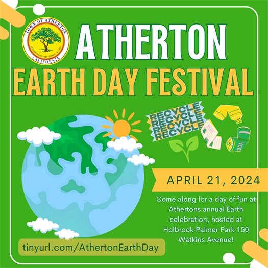Green graphic with details for Atherton Earth Day Festival