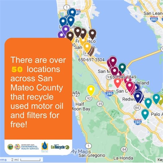 map of san mateo county indicating recycling locations for motor oil